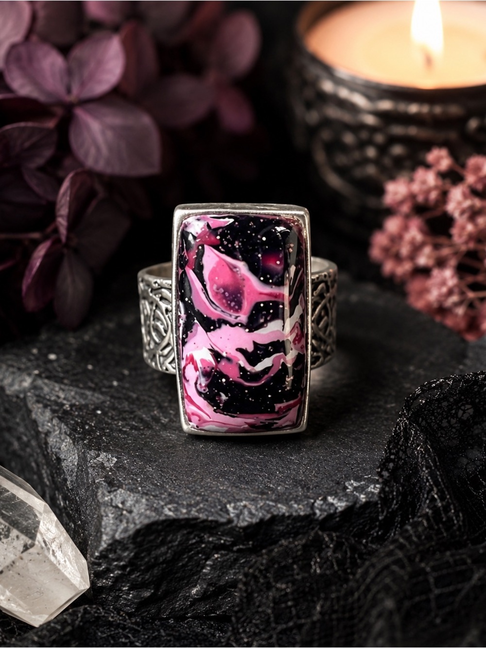Handmade Pink Black Marbled Polymer Clay Adjustable Statement Ring